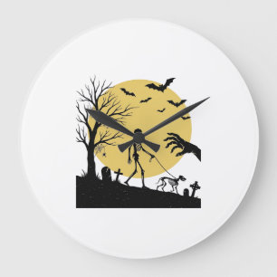 Reloj Redondo Grande Diseño vectorial de perro esqueleto luna Halloween