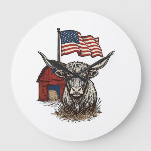Reloj Redondo Grande Diseño vectorial de vaca Longhorn patriótica y gra