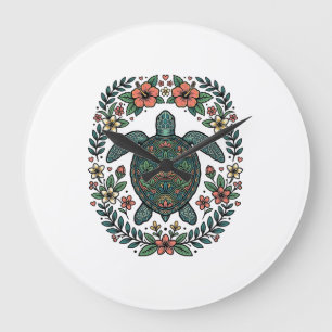Reloj Redondo Grande Diseño vectorial floral de tortuga marina vintage_