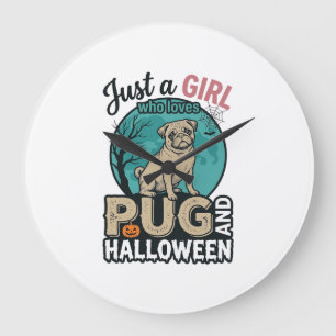 Reloj Redondo Grande Diseño vectorial vintage de niña pug Halloween (2)