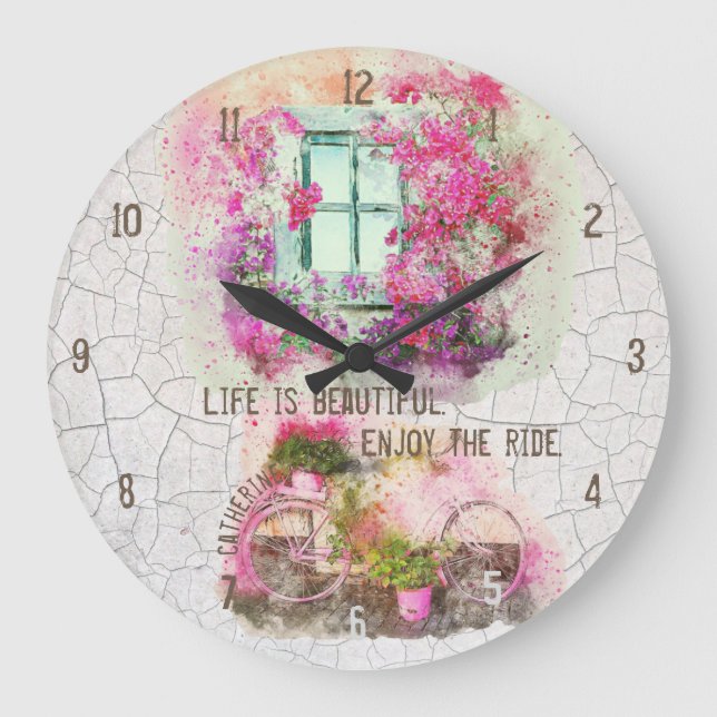 Reloj Redondo Grande Disfruta Del Paseo | Bicicleta acuarela con flores (Anverso)