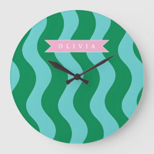 Reloj Redondo Grande Diversión Moderna Personalizada Rayas de Onda Verd