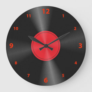 Reloj Redondo Grande Diversión, Retro, Álbum de Vinilo Rojo y Negro