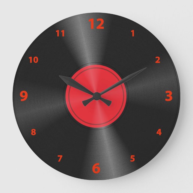 Reloj Redondo Grande Diversión, Retro, Álbum de Vinilo Rojo y Negro (Anverso)