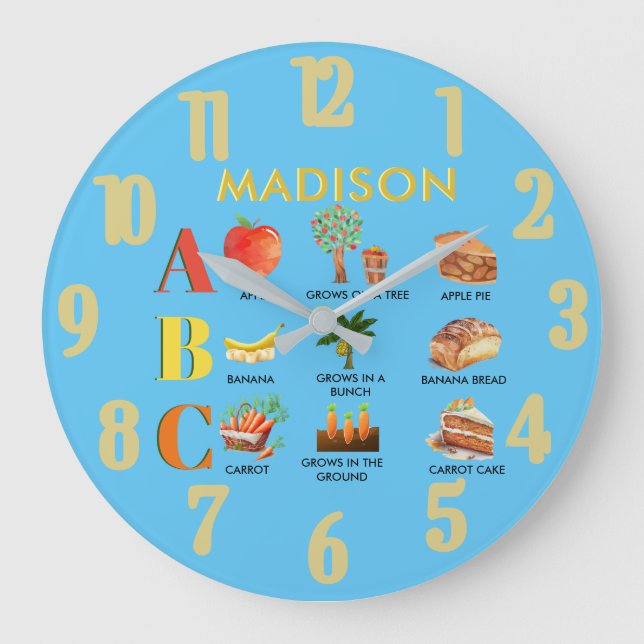 Reloj Redondo Grande Divertido nombre personalizado de ABC (Anverso)