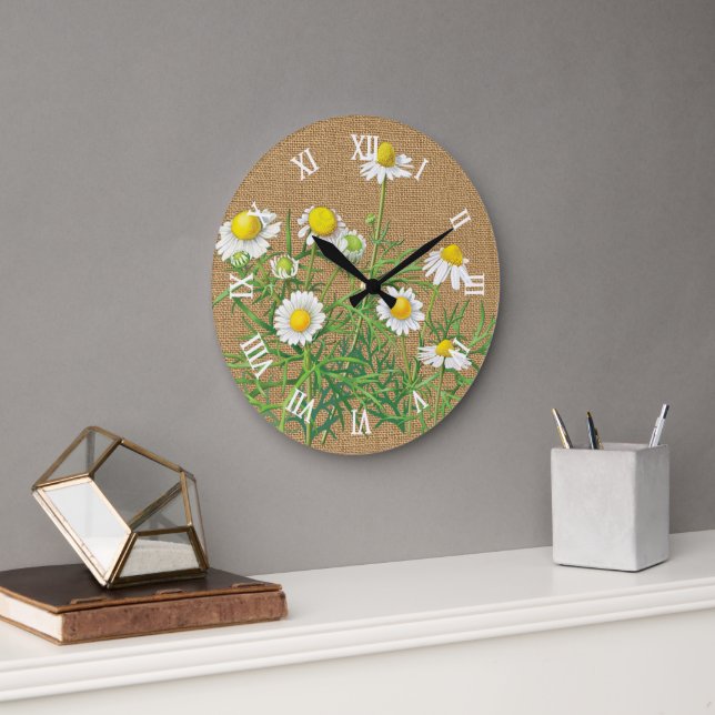Reloj Redondo Grande Divertido Viñeta Chamomile Floral Faux Jute Burlap (Oficina)