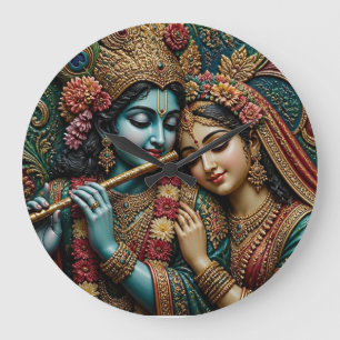 Reloj Redondo Grande Divino Krishna y Radha Arte Tradicional 
