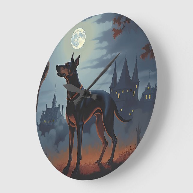 Reloj Redondo Grande Doberman Halloween Scary (Ángulo)