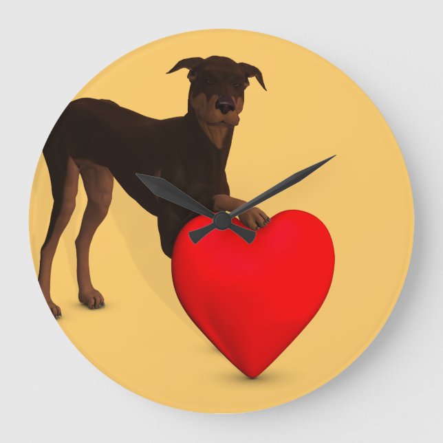 Reloj Redondo Grande Doberman Pinscher Con Corazón (Anverso)