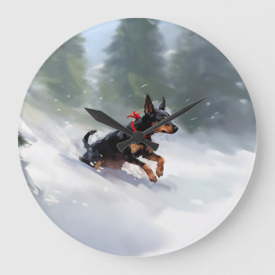 Reloj Redondo Grande Doberman Pinscher Navidad nieve invierno