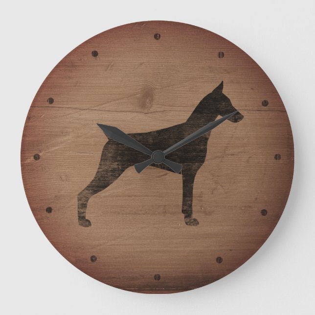 Reloj Redondo Grande Doberman Pinscher Silhouette Estilo Rústico (Anverso)