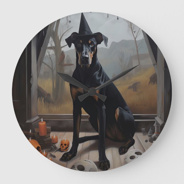 Reloj Redondo Grande Doberman Pumpkins Halloween Scary (Anverso)