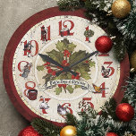 Reloj Redondo Grande Doce días de Navidades de la época de la cosecha<br><div class="desc">Diseño festivo y caprichoso que presenta elementos tradicionales de la clásica canción navideña que bordea una cara de reloj antigua con las manos del reloj,  la carpa y el cartel de título en el centro. El fondo y la espalda son adamascados rojo y floral.</div>