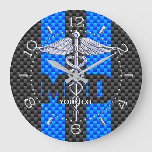 Reloj Redondo Grande Doctor MD Caduceus Estilo Personalizado Carbono Az (Anverso)