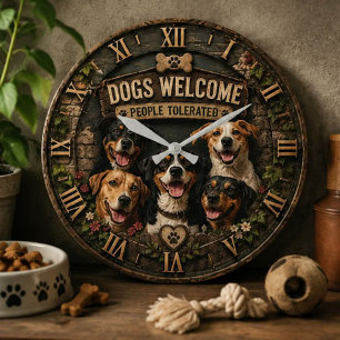 Reloj Redondo Grande Dogs Welcome People Tolerated Funny Rustic Farm