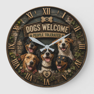 Reloj Redondo Grande Dogs Welcome People Tolerated Funny Rustic Farm