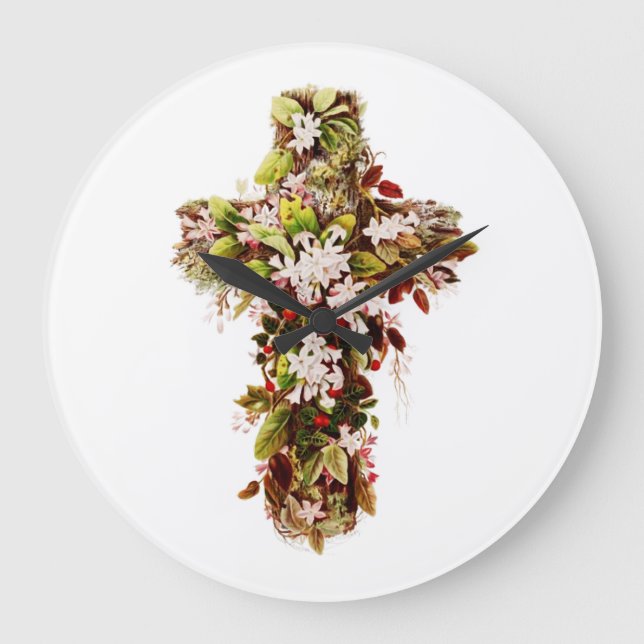 Reloj Redondo Grande Domingo de Pascua Jesús Cruz de flores (Anverso)