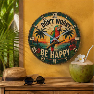 Reloj Redondo Grande Don't Worry Be Happy Tropical Parrot 