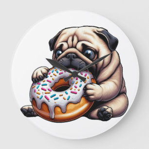 Reloj Redondo Grande Donut de dibujos animados divertido pug lindo comi