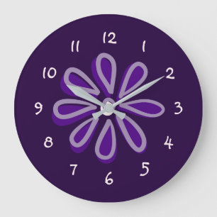 Reloj Redondo Grande Doodle de Flor Morada Chic