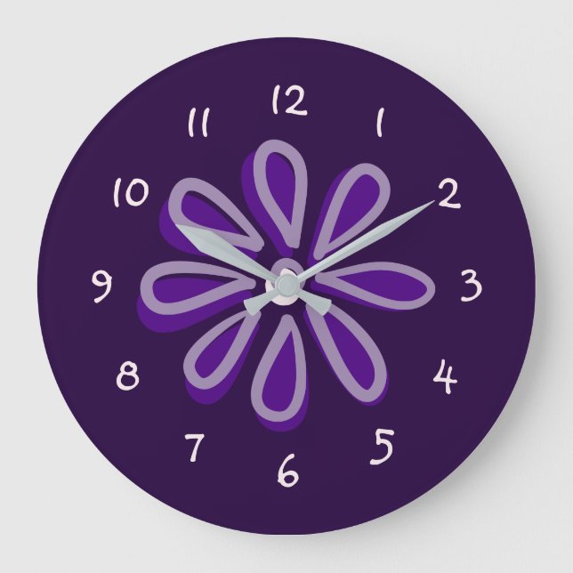 Reloj Redondo Grande Doodle de flores moradas de moda (Anverso)