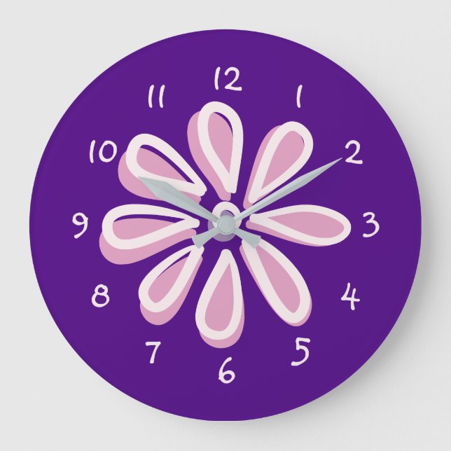 Reloj Redondo Grande Doodle de flores rosadas juguetón (Anverso)