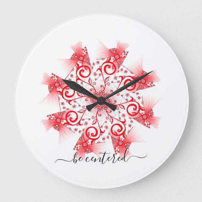 Reloj Redondo Grande Doodle de la línea fractal de Mandala roja centrad (Anverso)
