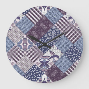Reloj Redondo Grande Doodle De Patchwork: Viejo Boho Seamless.