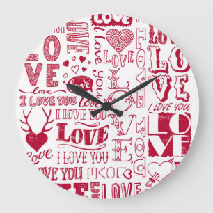 Reloj Redondo Grande Doodles de amor dibujados a mano, patrón encantado