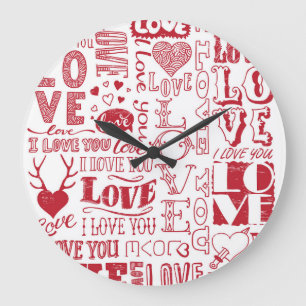 Reloj Redondo Grande Doodles de amor dibujados a mano, patrón encantado