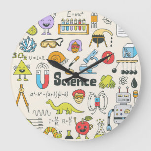 Reloj Redondo Grande Doodles de ciencia: conjunto de escuelas de mano.