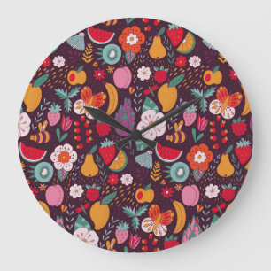 Reloj Redondo Grande Doodles de fruta, decoración estival hecha a mano.