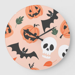 Reloj Redondo Grande Doodles de Halloween, calabazas, patrón de murciél