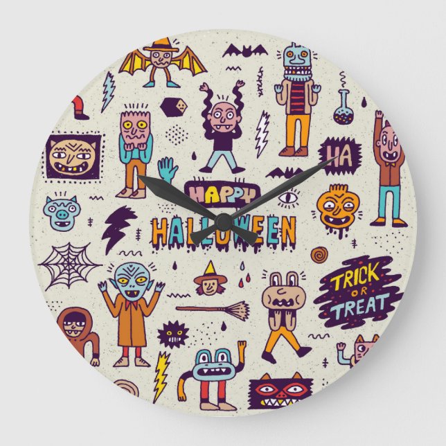Reloj Redondo Grande Doodles de Halloween, conjunto impecable personali (Anverso)