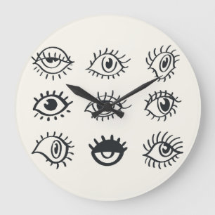 Reloj Redondo Grande Doodles de ojos antiguos: bocetos de moda