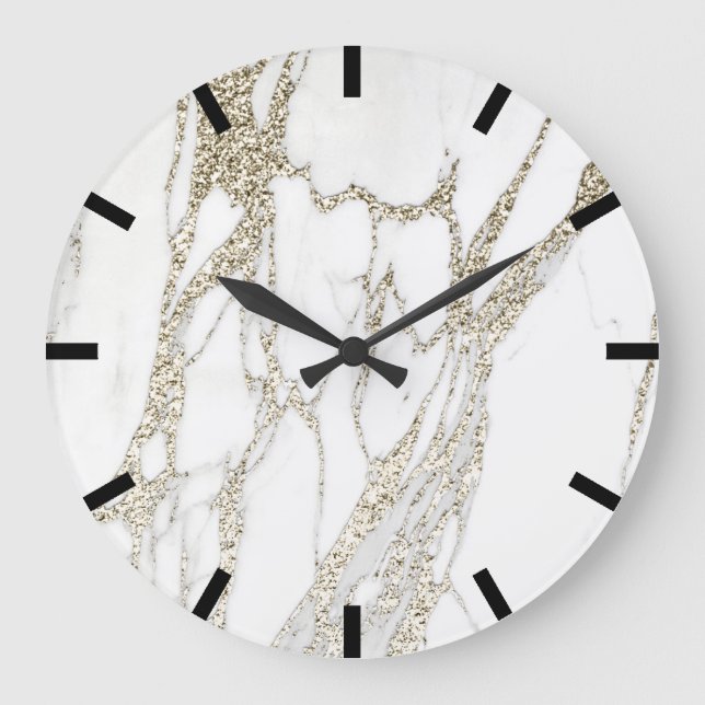 Reloj Redondo Grande Dorado Carrara Marble Gris Piedra Negra Blanco (Anverso)
