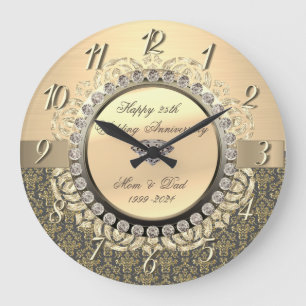 Reloj Redondo Grande Dorado Damask Swirls 25 Aniversario del Boda