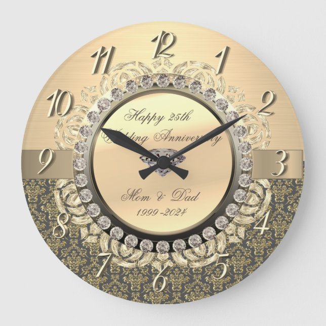 Reloj Redondo Grande Dorado Damask Swirls 25 Aniversario del Boda (Anverso)