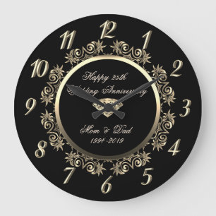 Reloj Redondo Grande Dorado Floral Swirls Diamond25º Aniversario Boda
