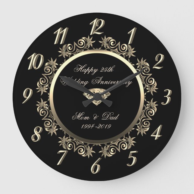 Reloj Redondo Grande Dorado Floral Swirls Diamond25º Aniversario Boda (Anverso)