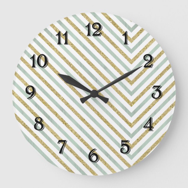 Reloj Redondo Grande Dorado Mint y Blanco Chic Chevron (Anverso)