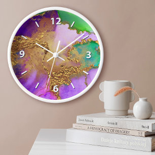 Reloj Redondo Grande Dorado púrpura verde aqua chic glam ágata acuarela