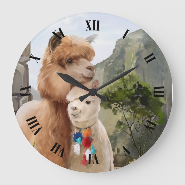 Reloj Redondo Grande Dos alpacas esponjosas sobre el fondo del lago (Anverso)