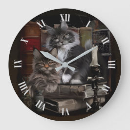 Reloj Redondo Grande Dos gatitos de Maine Coon peleados