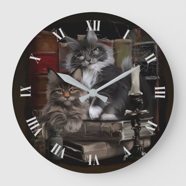 Reloj Redondo Grande Dos gatitos de Maine Coon peleados (Anverso)