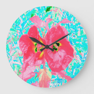Reloj Redondo Grande Dos Hibiscus Locos de Coral Rosa Rojo en Acuario