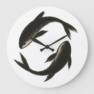 Reloj Redondo Grande Dos Koi - Pescado de pincel de tinta sobre