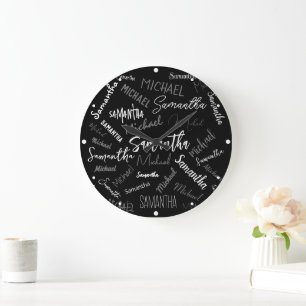 Reloj Redondo Grande Dos nombres pareja patrón monograma blanco negro