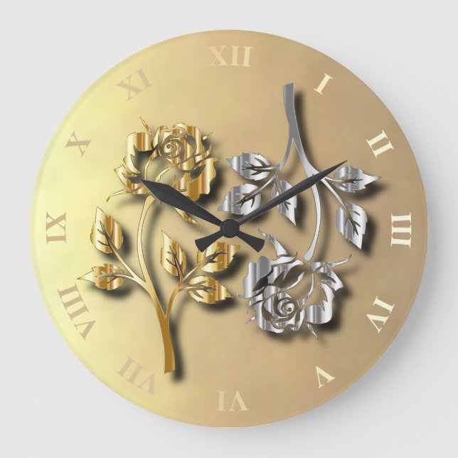Reloj Redondo Grande Dos Rosas Dorados Y Plateados Con Sombras (Anverso)