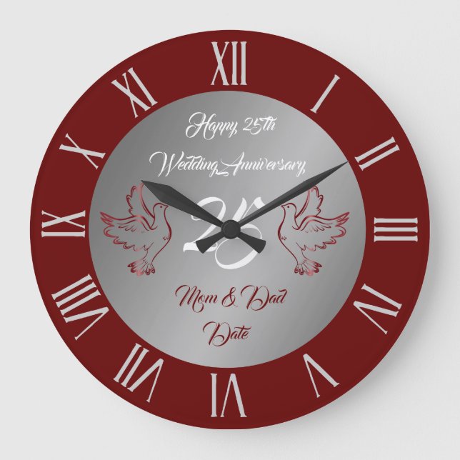 Reloj Redondo Grande Dove Personalizar Feliz Plata 25 años (Anverso)